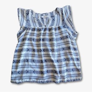 LOFT Women’s Blouse Cap Sleeve Shirt 100% Cotton White Dark Blue Size Medium GUC
